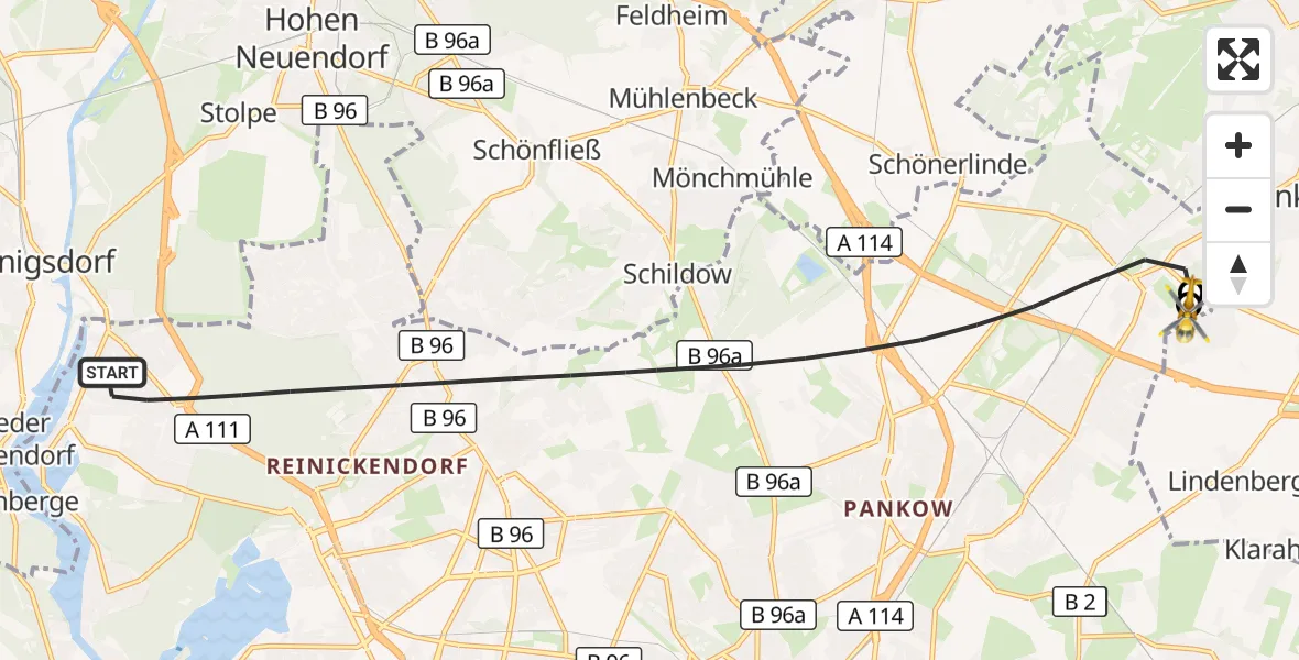 Flugroute Rettungshubschrauber Berlin - Helios Clinic Berlin-Buch, 09 Oktober 2026, 12:44