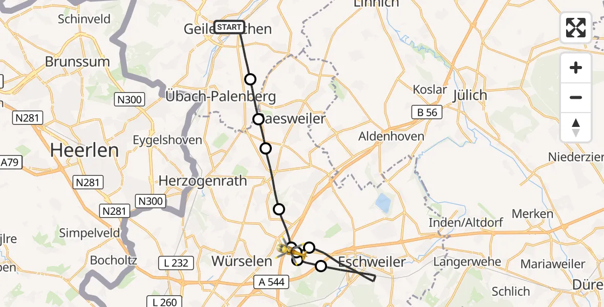Flugroute Rettungshubschrauber Geilenkirchen - Aachen-Merzbrück Flughafen, 09 Oktober 2026, 12:46