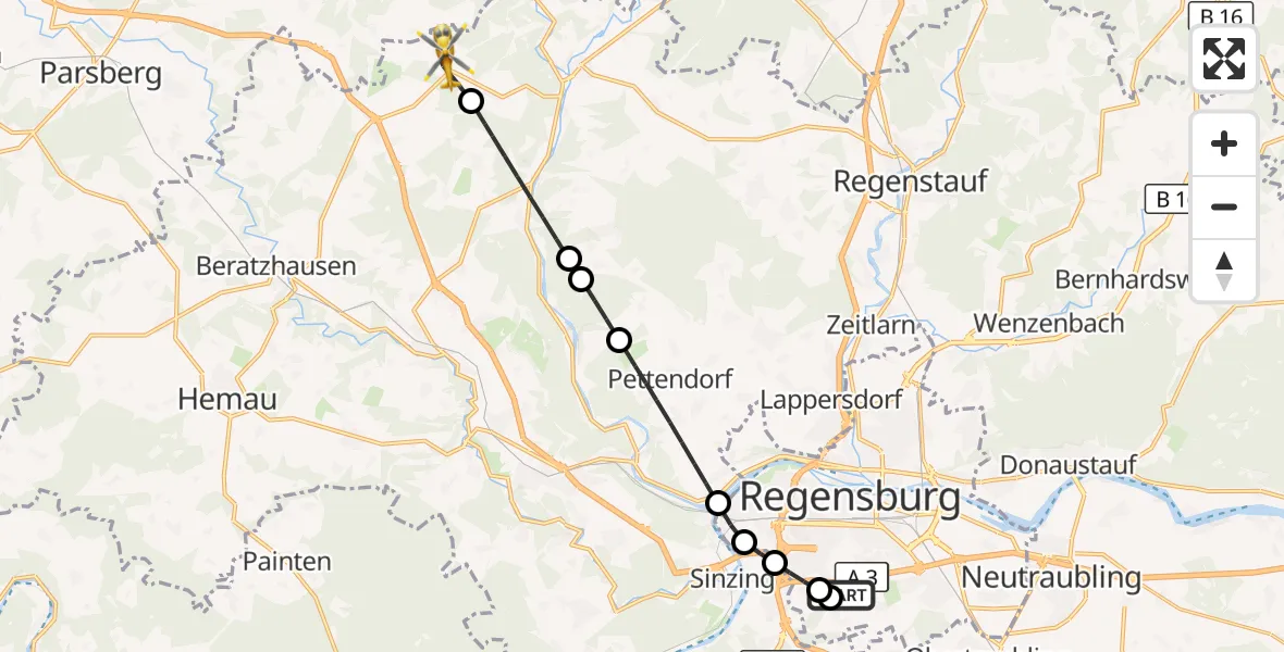 Flugroute Rettungshubschrauber DRF Air Rescue Station Regensburg / Regensburg University Hospital - Kallmünz, 09 Oktober 2026, 12:50