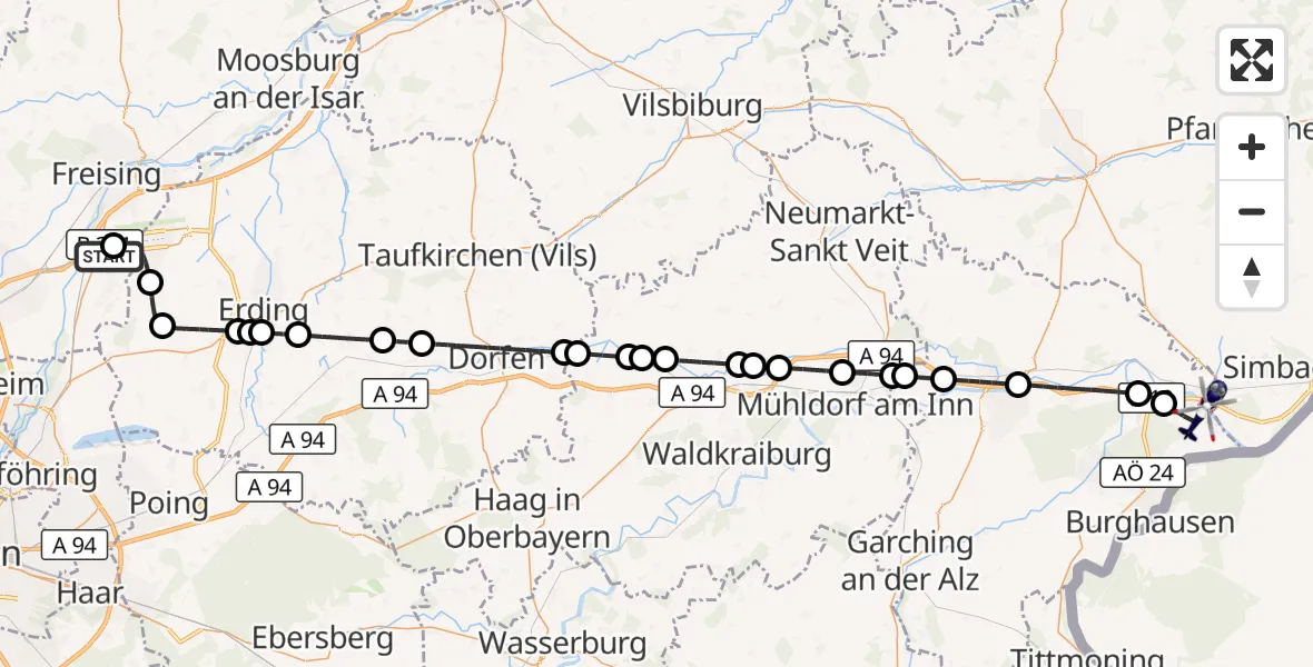 Flugroute Polizeihubschrauber Hallbergmoos - Haiming, 09 Oktober 2026, 13:09
