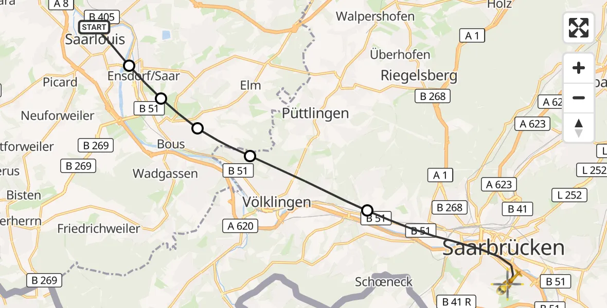 Flugroute Rettungshubschrauber Saarlouis - Saarbrücken, 09 Oktober 2026, 13:09