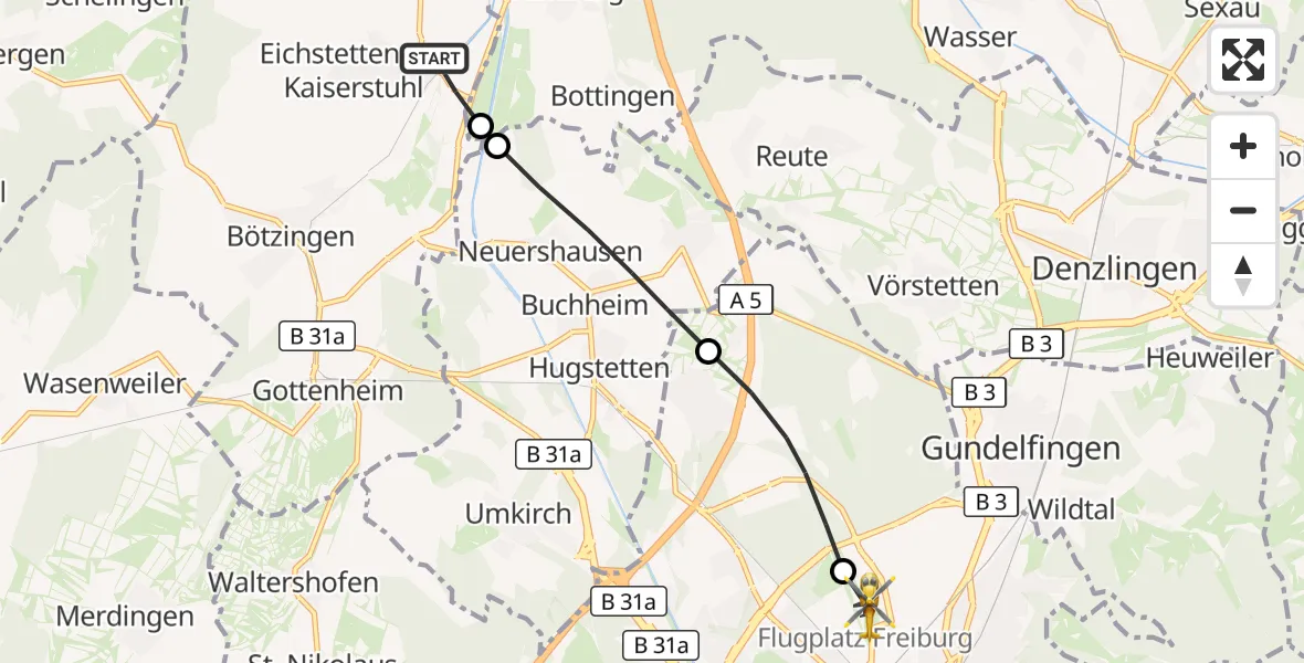 Flugroute Ambulanzhubschrauber Eichstetten am Kaiserstuhl - Freiburg im Breisgau Flugplatz, 09 Oktober 2026, 13:14