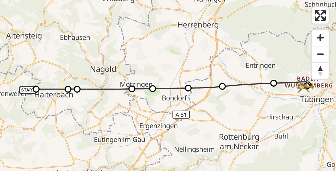 Flugroute Rettungshubschrauber Pfalzgrafenweiler - Tübingen Trauma Hospital, 09 Oktober 2026, 13:16