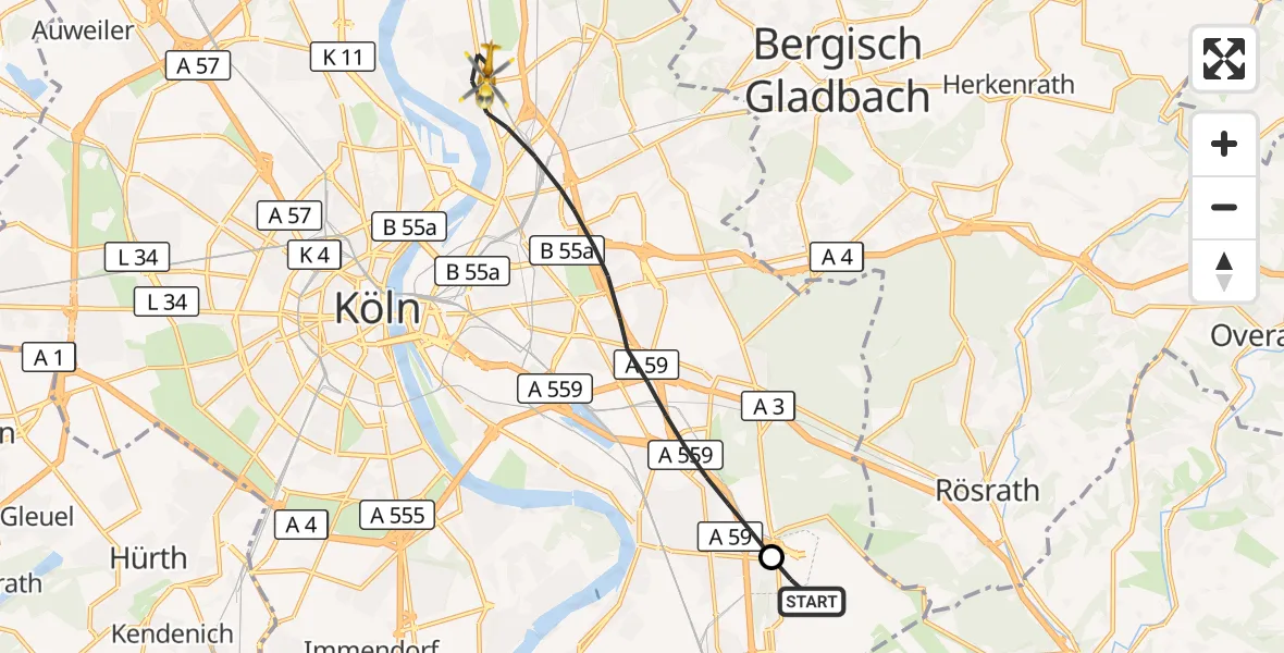 Flugroute Rettungshubschrauber Köln Bonn Flughafen - Köln, 09 Oktober 2026, 13:18