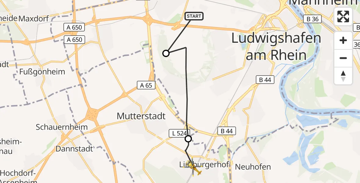 Flugroute Rettungshubschrauber Ludwigshafen Accident Hospital - Limburgerhof, 09 Oktober 2026, 13:19