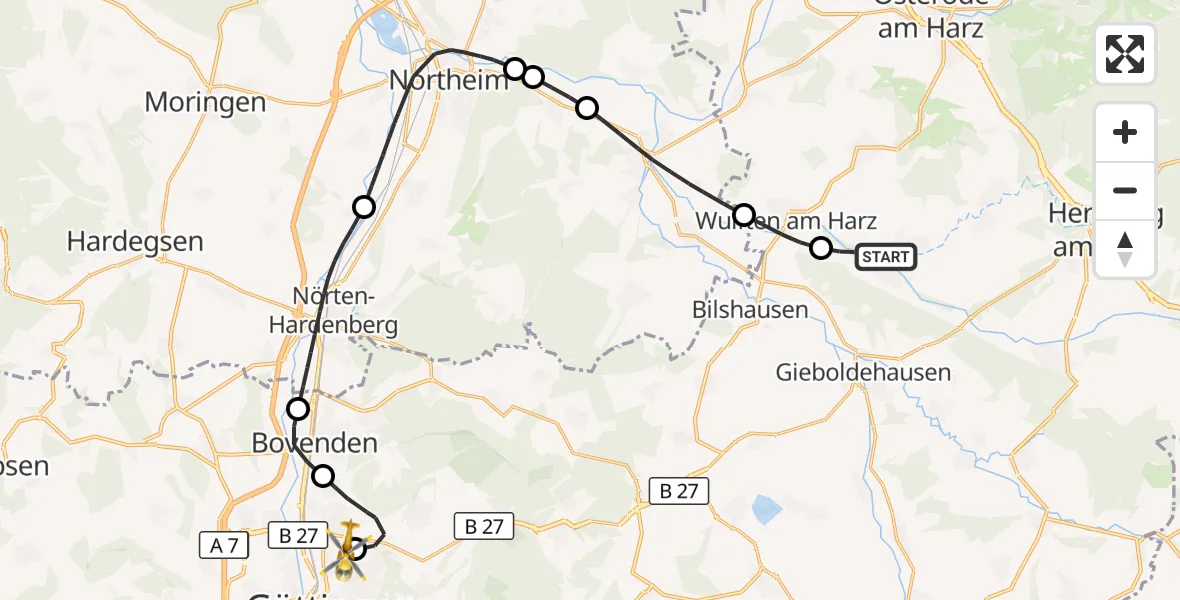 Flugroute Rettungshubschrauber Hattorf am Harz - Göttingen University Clinic Hubschrauberlandeplatz, 09 Oktober 2026, 13:27