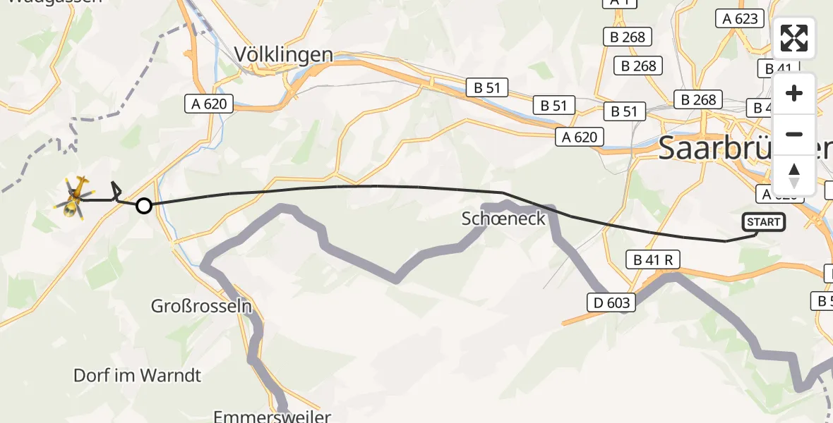 Flugroute Rettungshubschrauber Saarbrücken - Völklingen, 09 Oktober 2026, 13:29