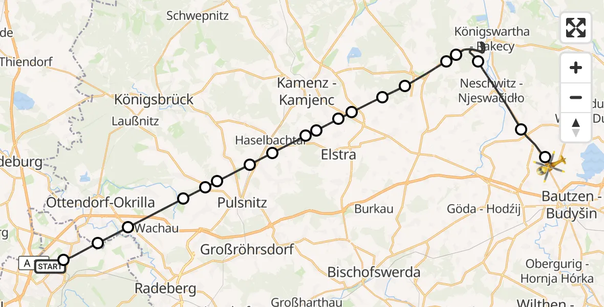 Flugroute Rettungshubschrauber Dresden Bundespolizei Hubschrauberlandeplatz - Bautzen, 09 Oktober 2026, 13:34