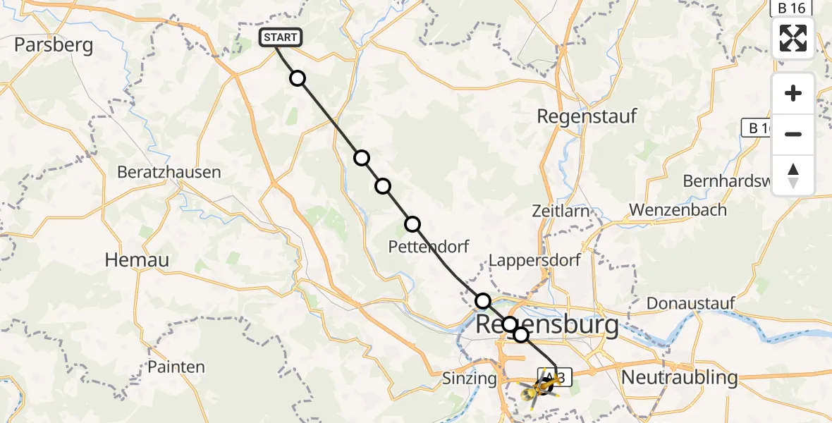 Flugroute Rettungshubschrauber Kallmünz - DRF Air Rescue Station Regensburg / Regensburg University Hospital, 09 Oktober 2026, 13:53