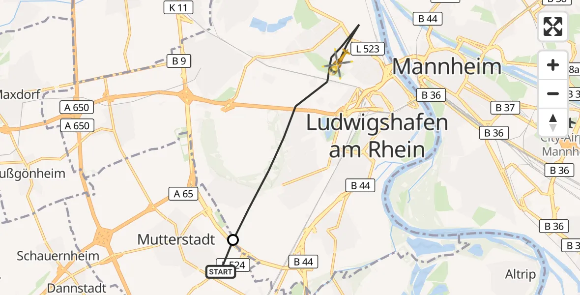 Flugroute Rettungshubschrauber Mutterstadt - Ludwigshafen am Rhein, 09 Oktober 2026, 13:53