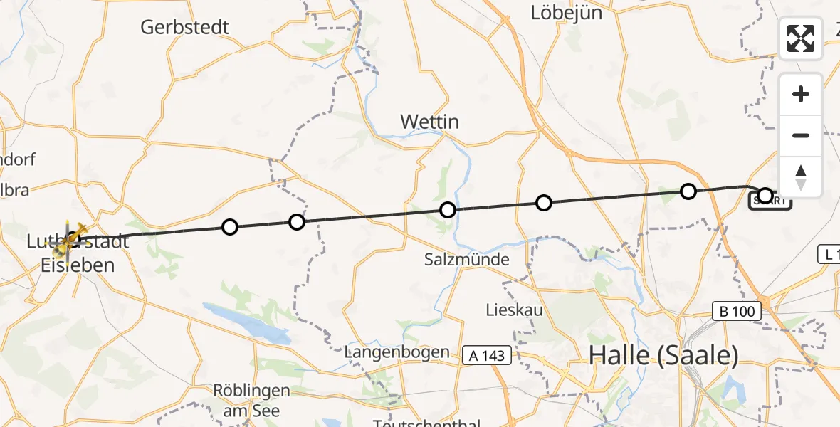 Flugroute Rettungshubschrauber Halle-Oppin Flugplatz - Helios Hospital Lutherstadt Eisleben, 09 Oktober 2026, 13:55