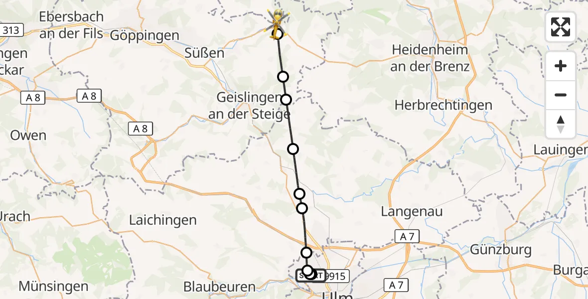 Flugroute Rettungshubschrauber Ulm Military Hospital Emergency - Lauterstein, 09 Oktober 2026, 13:57