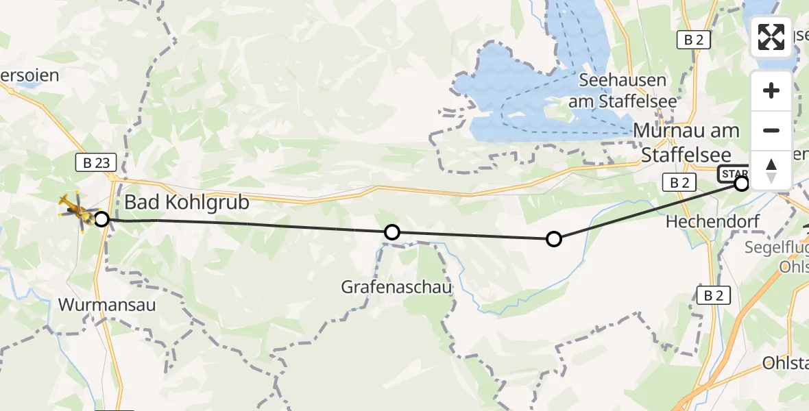Flugroute Rettungshubschrauber Murnau Accident Hospital - Saulgrub, 09 Oktober 2026, 14:10
