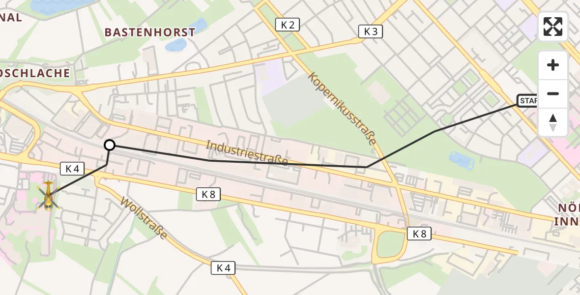 Flugroute Rettungshubschrauber Ludwigshafen am Rhein - Ludwigshafen Accident Hospital, 09 Oktober 2026, 14:15