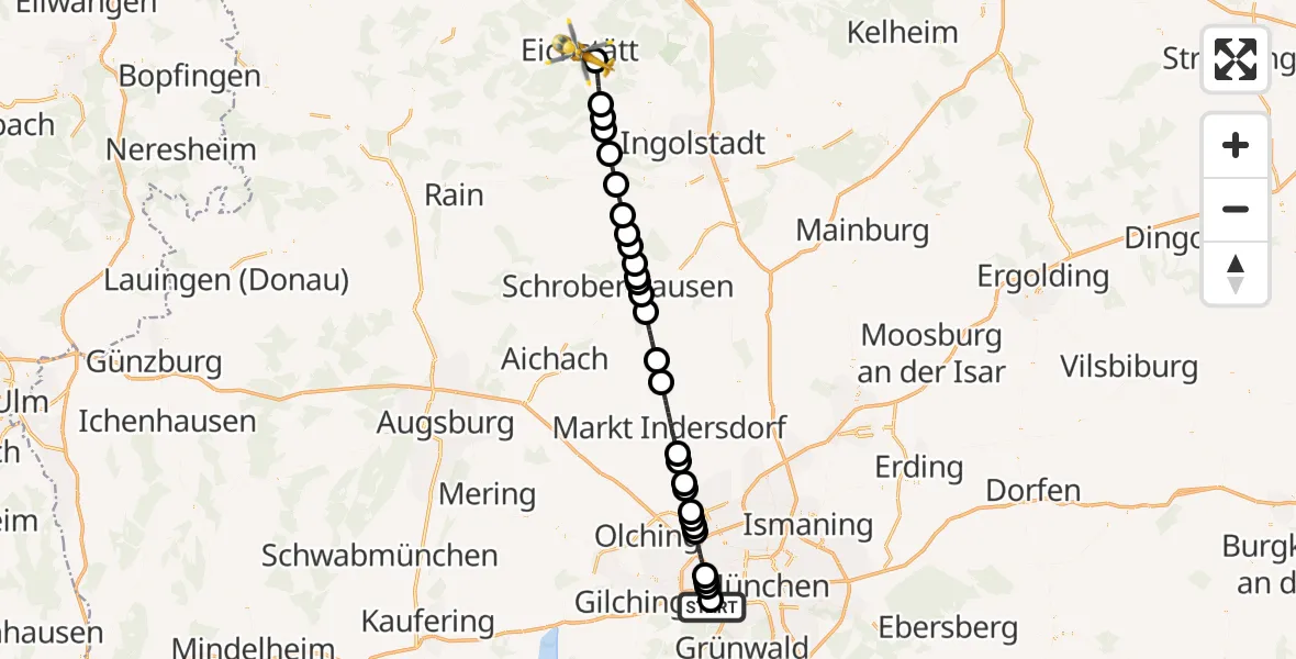 Flugroute Rettungshubschrauber DRF Air Rescue München Hubschrauberlandeplatz - Eichstätt, 09 Oktober 2026, 14:18