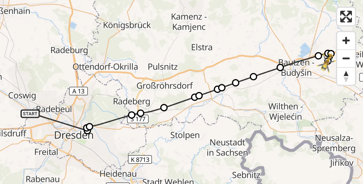 Flugroute Rettungshubschrauber Dresden - Bautzen Flugplatz, 09 Oktober 2026, 14:21