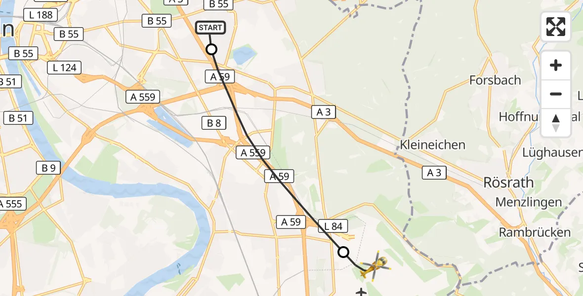 Flugroute Rettungshubschrauber Merheim Hospital - Köln Bonn Flughafen, 09 Oktober 2026, 14:35