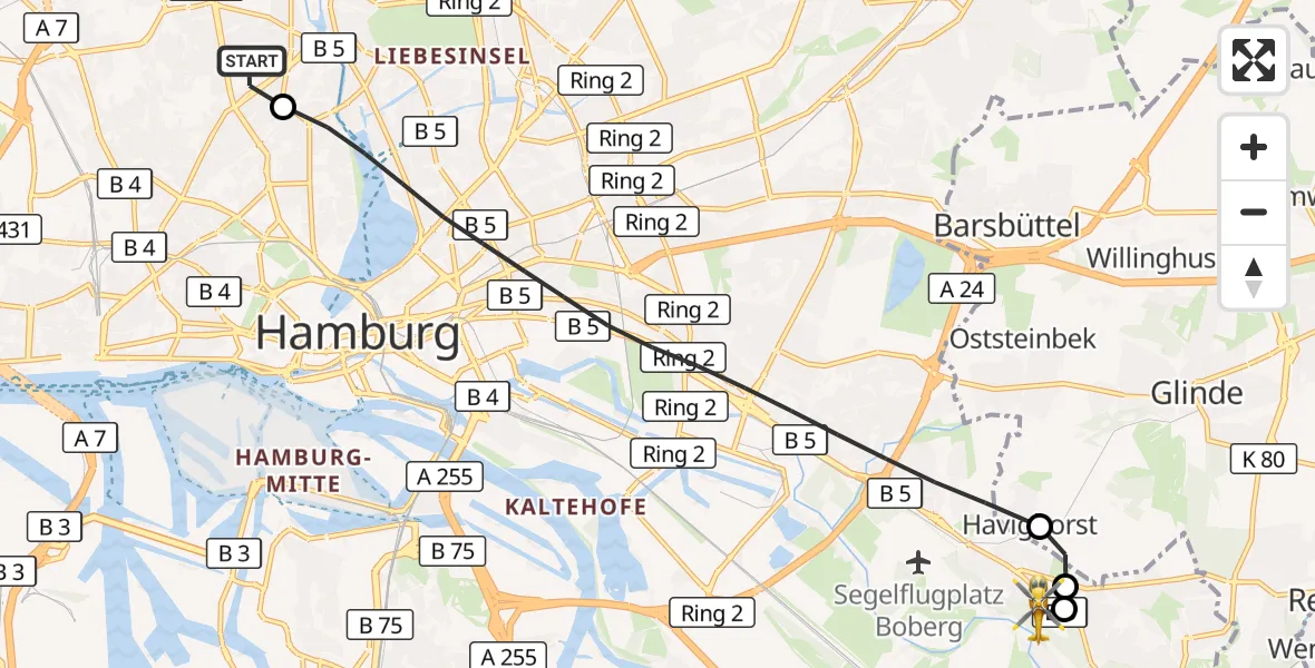 Flugroute Rettungshubschrauber Universitätsklinikum Hamburg-Eppendorf Hubschrauberlandeplatz - Christoph Hansa ADAC Hubschrauberlandeplatz, 09 Oktober 2026, 14:41