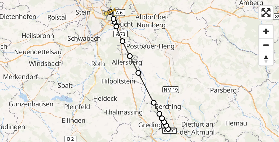 Flugroute Rettungshubschrauber Beilngries - Nürnberg South Hospital, 09 Oktober 2026, 14:42