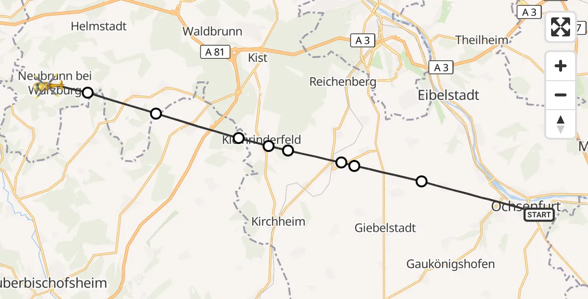 Flugroute Rettungshubschrauber Ochsenfurt - Neubrunn, 09 Oktober 2026, 14:46