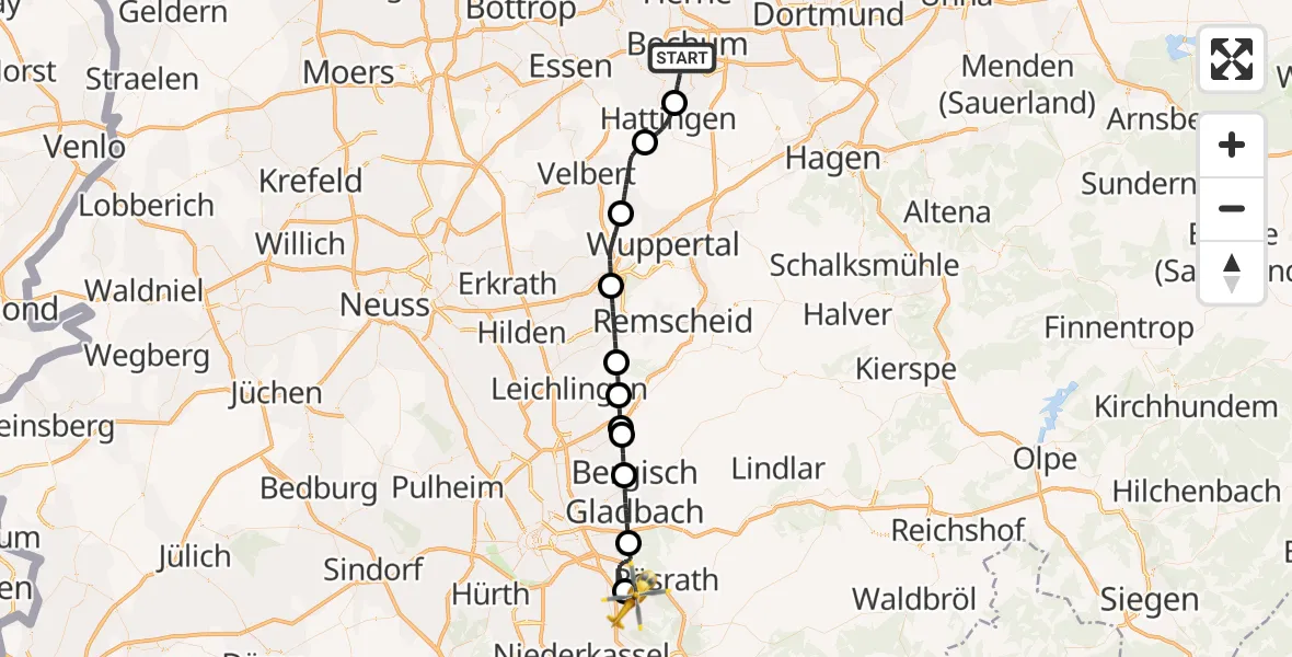 Flugroute Ambulanzhubschrauber Bochum - Köln Bonn Flughafen, 09 Oktober 2026, 14:50