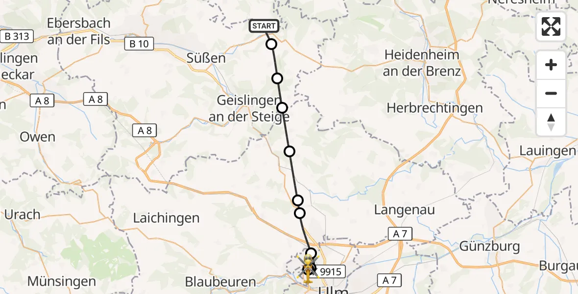 Flugroute Rettungshubschrauber Lauterstein - ADAC Air Rescue Station Ulm (Christoph 22), 09 Oktober 2026, 14:51