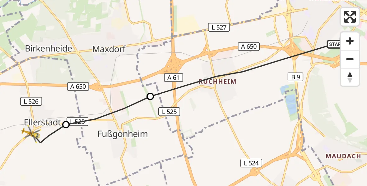 Flugroute Rettungshubschrauber Ludwigshafen am Rhein - Ellerstadt, 09 Oktober 2026, 15:03