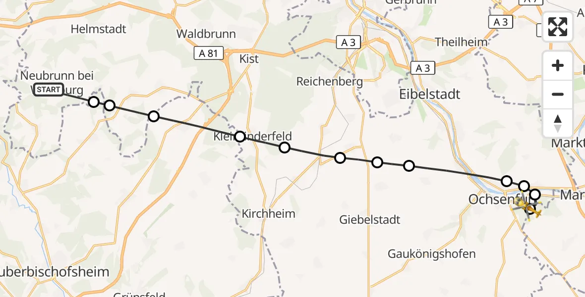Flugroute Rettungshubschrauber Neubrunn - Ochsenfurt Hospital, 09 Oktober 2026, 15:11