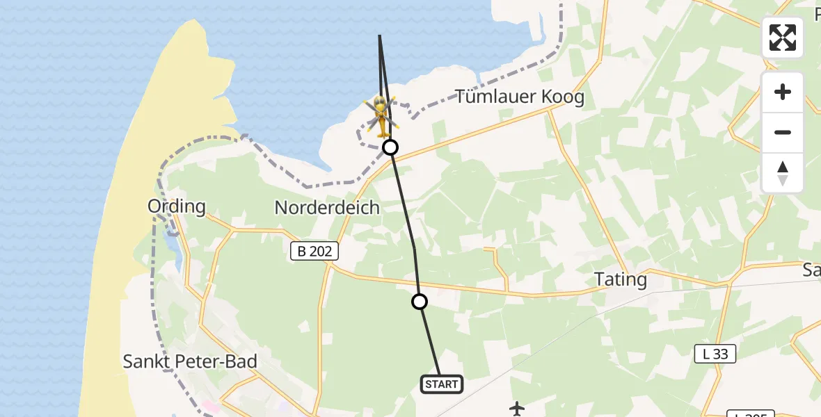 Flugroute Ambulanzhubschrauber Sankt Peter-Ording - Tümlauer Koog, 09 Oktober 2026, 15:14