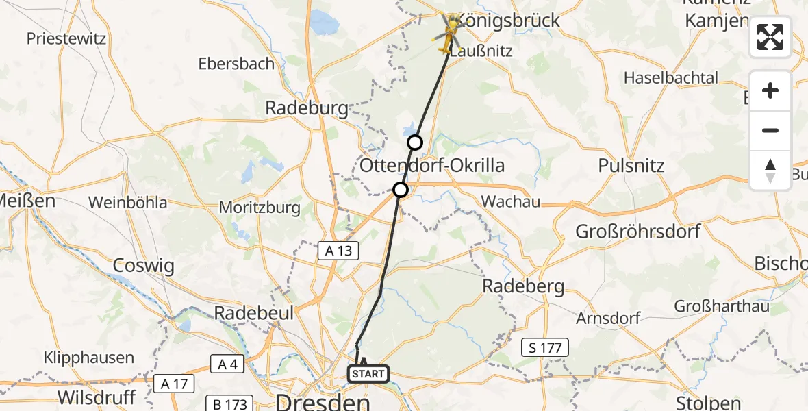 Flugroute Rettungshubschrauber Dresden - Laußnitz, 09 Oktober 2026, 15:28