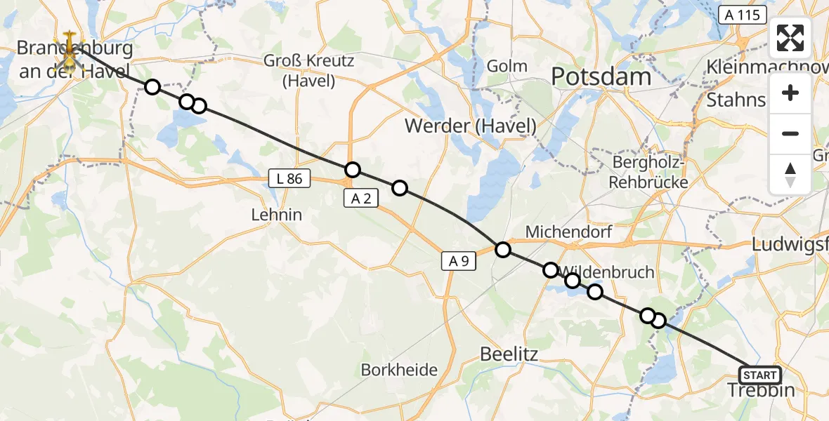 Flugroute Rettungshubschrauber Trebbin - Brandenburg an der Havel, 09 Oktober 2026, 15:31