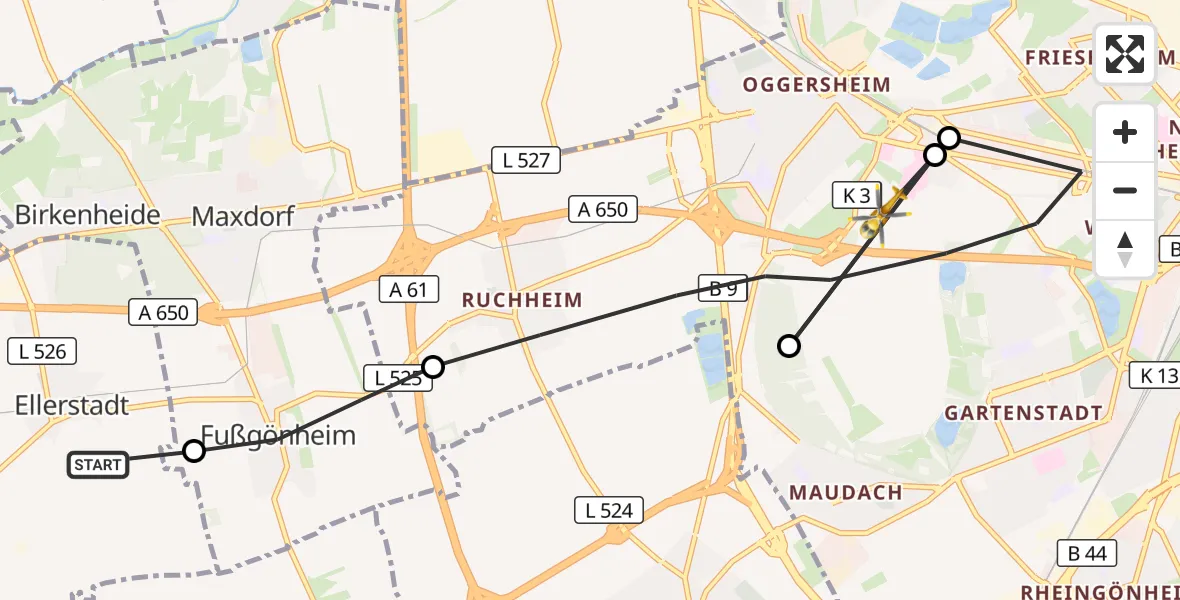Flugroute Rettungshubschrauber Ellerstadt - Ludwigshafen am Rhein, 09 Oktober 2026, 15:35
