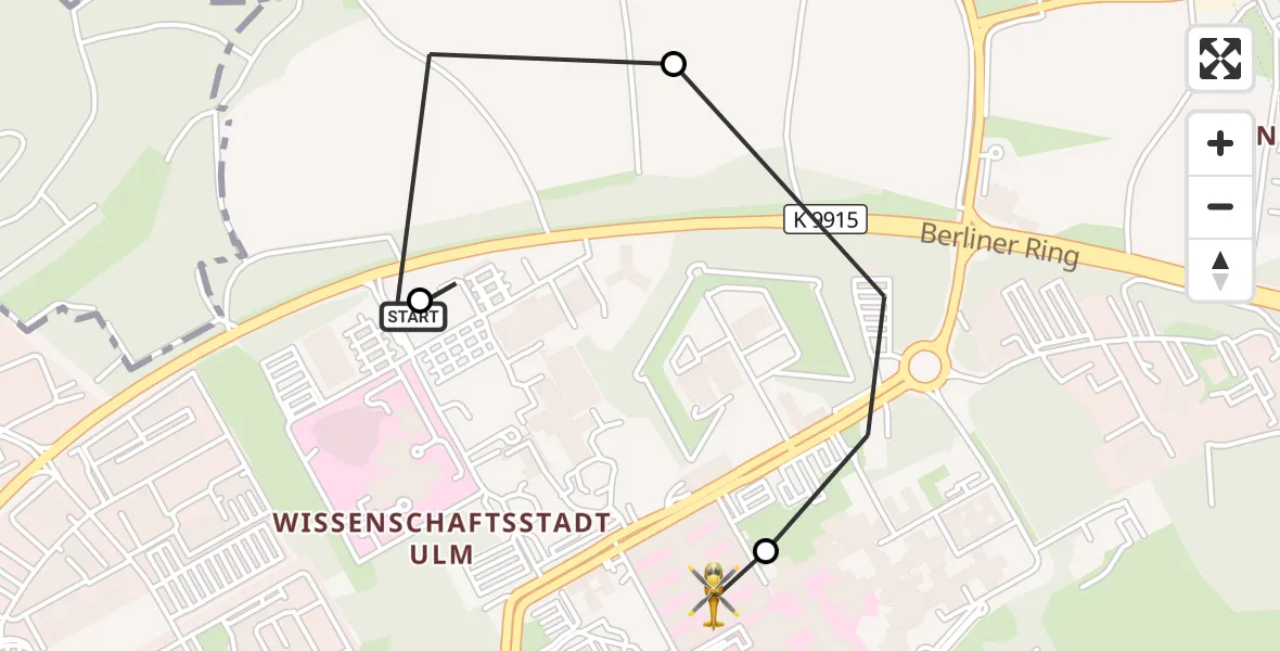 Flugroute Rettungshubschrauber Ulm Military Hospital Emergency - Ulm Military Hospital Emergency Hubschrauberlandeplatz, 09 Oktober 2026, 15:37