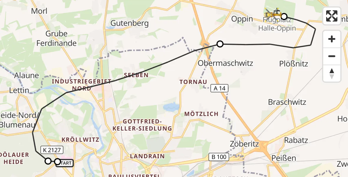 Flugroute Rettungshubschrauber Halle (Saale) University Hospital - Halle-Oppin Flugplatz, 09 Oktober 2026, 15:40