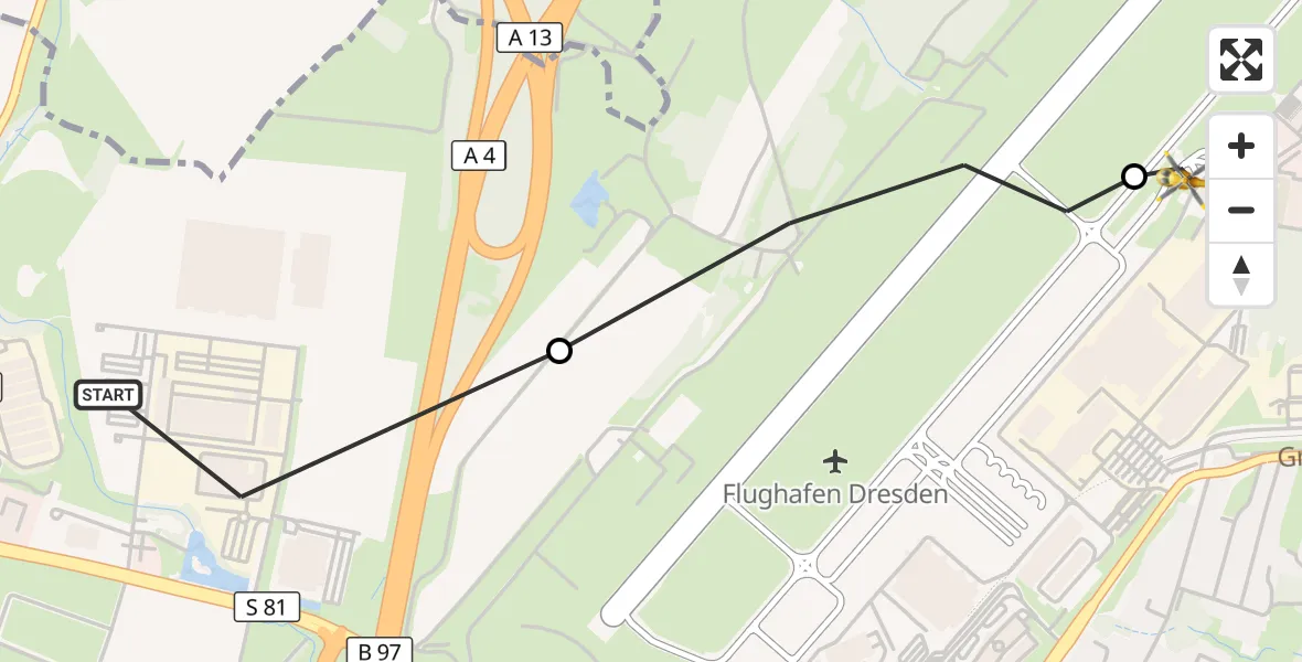 Flugroute Rettungshubschrauber Dresden - Dresden Bundespolizei Hubschrauberlandeplatz, 09 Oktober 2026, 15:50