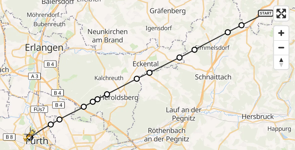 Flugroute Ambulanzhubschrauber Betzenstein - Fürth Hospital, 09 Oktober 2026, 15:53