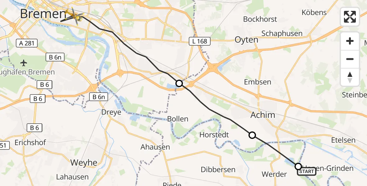 Flugroute Rettungshubschrauber Langwedel - Bremen, 09 Oktober 2026, 15:57