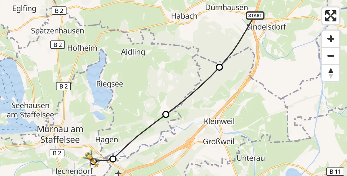 Flugroute Rettungshubschrauber Sindelsdorf - Murnau a.Staffelsee, 09 Oktober 2026, 16:05