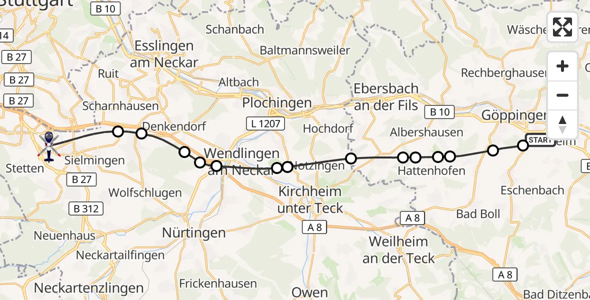 Flugroute Polizeihubschrauber Göppingen - Flughafen Stuttgart, 09 Oktober 2026, 16:07