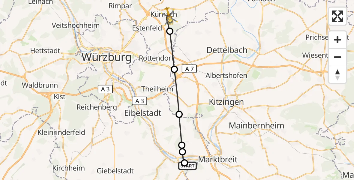 Flugroute Rettungshubschrauber Ochsenfurt Hospital - Kürnach, 09 Oktober 2026, 16:13