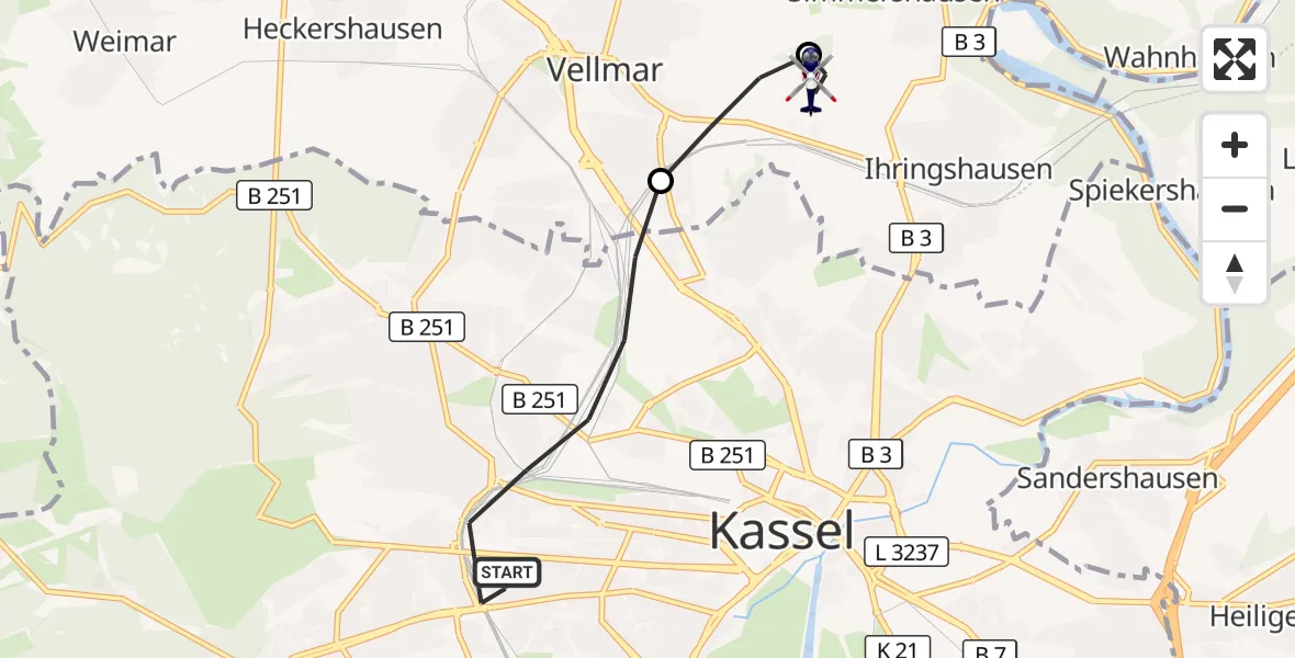 Flugroute Polizeihubschrauber Kassel - Fuldatal Bundespolizei Hubschrauberlandeplatz, 09 Oktober 2026, 16:30
