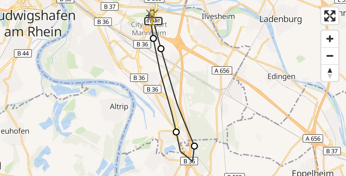 Flugroute Rettungshubschrauber Mannheim-City Flughafen - Mannheim-City Flughafen, 09 Oktober 2026, 16:36