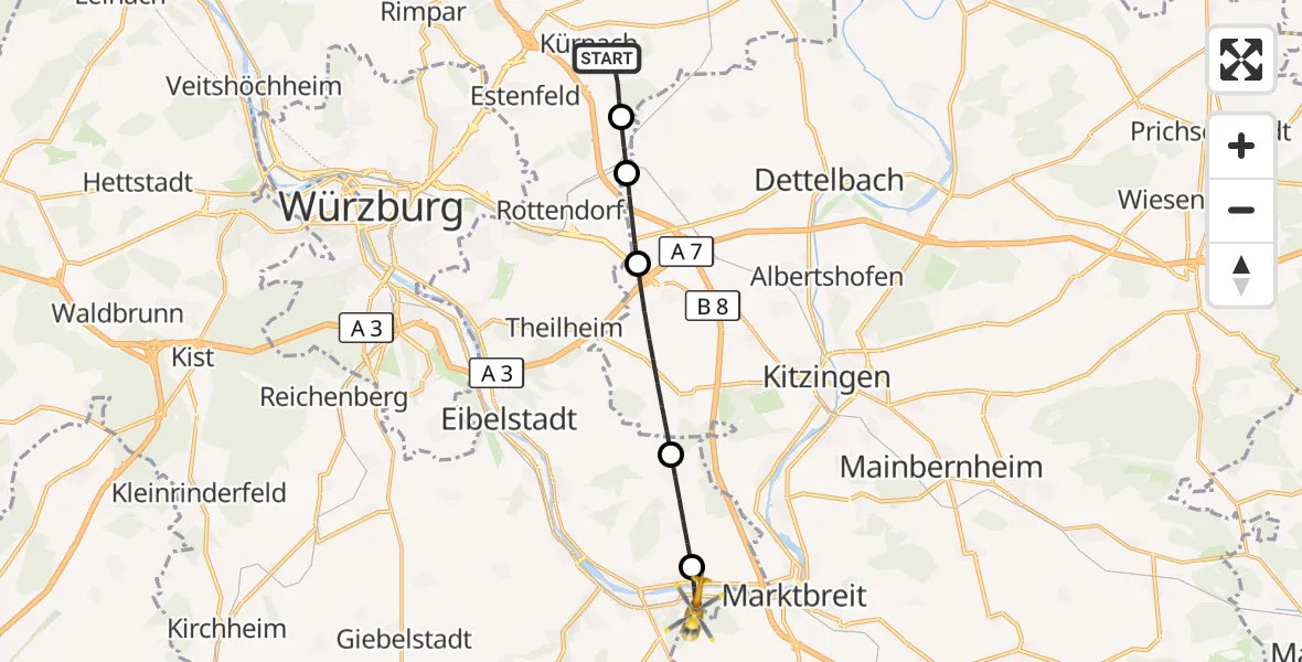 Flugroute Rettungshubschrauber Kürnach - Ochsenfurt, 09 Oktober 2026, 16:43