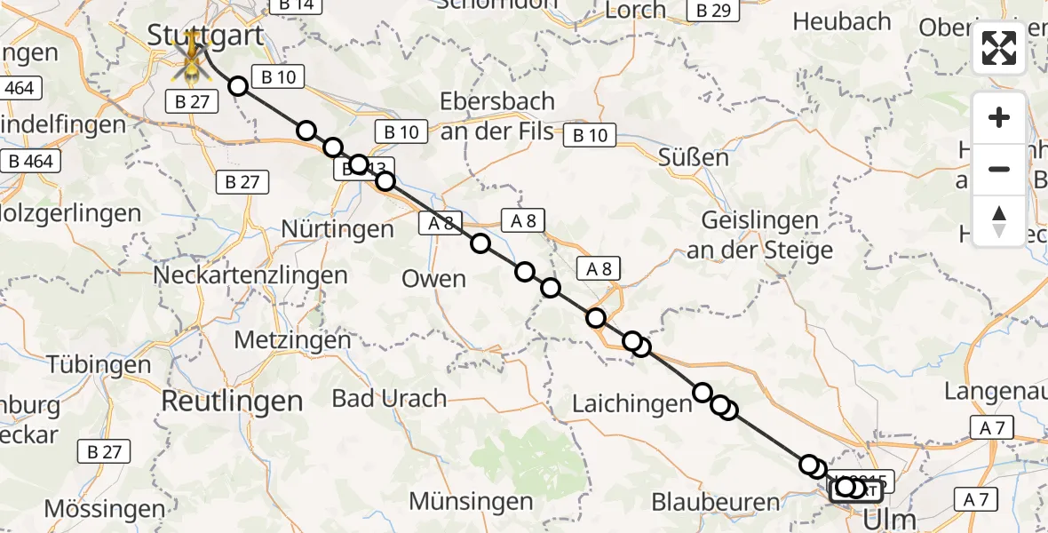 Flugroute Rettungshubschrauber Ulm Military Hospital Emergency - Stuttgart, 09 Oktober 2026, 16:42