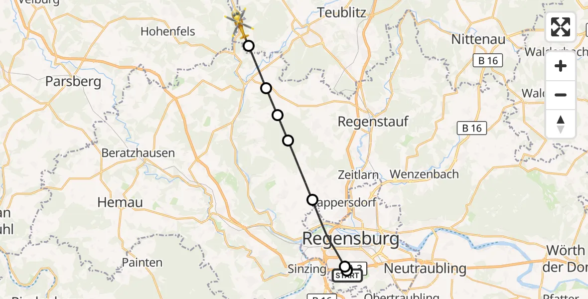 Flugroute Rettungshubschrauber DRF Air Rescue Station Regensburg / Regensburg University Hospital - Burglengenfeld, 09 Oktober 2026, 16:47