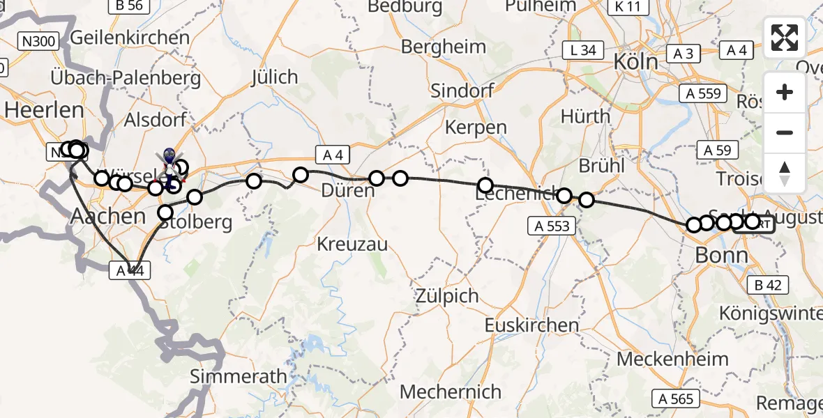 Flugroute Polizeihubschrauber Bonn-Hangelar Flugplatz - Aachen-Merzbrück Flughafen, 09 Oktober 2026, 16:48