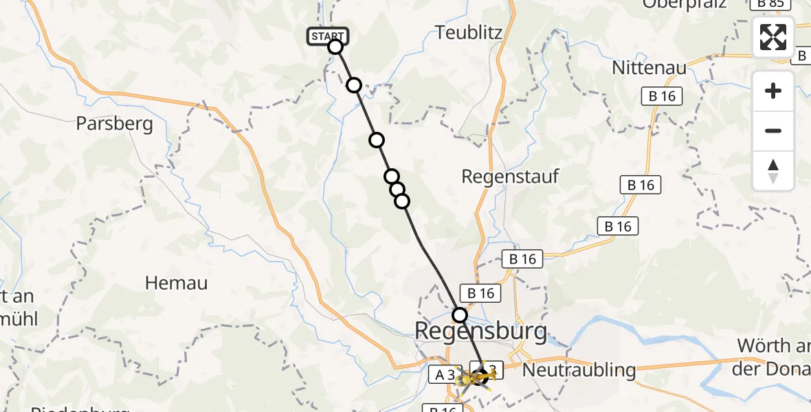 Flugroute Rettungshubschrauber Schmidmühlen - DRF Air Rescue Station Regensburg / Regensburg University Hospital, 09 Oktober 2026, 17:23