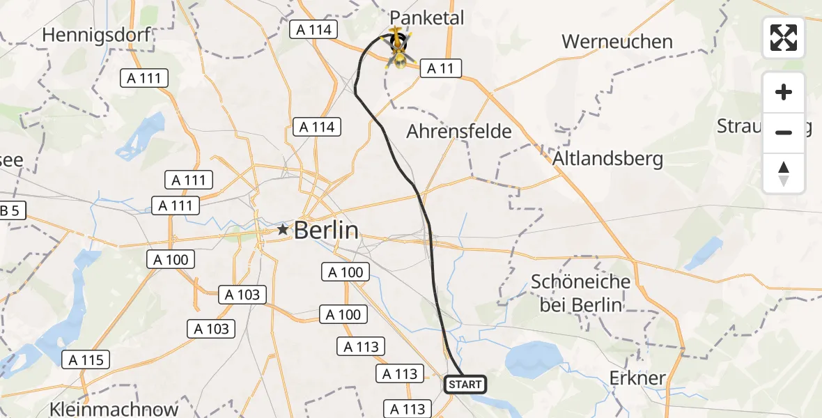 Flugroute Rettungshubschrauber Berlin - Helios Clinic Berlin-Buch, 09 Oktober 2026, 17:28