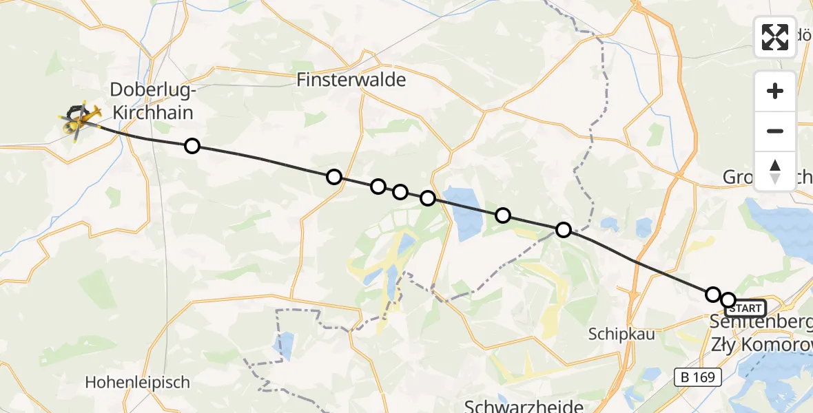 Flugroute Ambulanzhubschrauber ADAC Luftrettungsstation Senftenberg Hubschrauberlandeplatz - Doberlug-Kirchhain, 09 Oktober 2026, 17:31