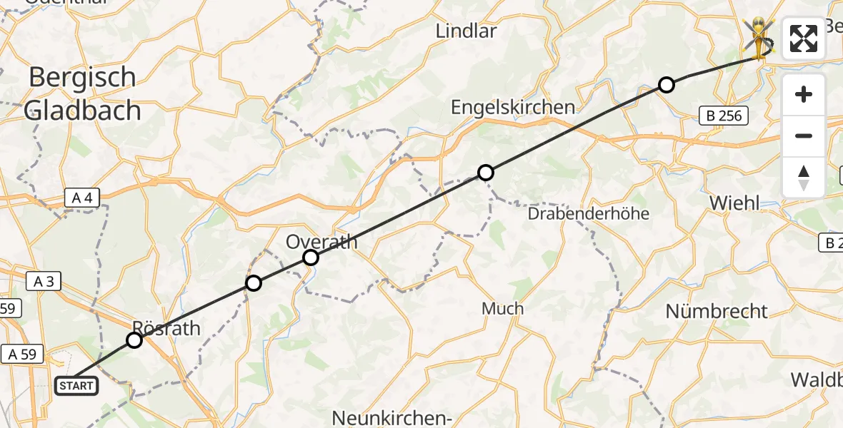 Flugroute Ambulanzhubschrauber Köln Bonn Flughafen - Gummersbach, 09 Oktober 2026, 17:45